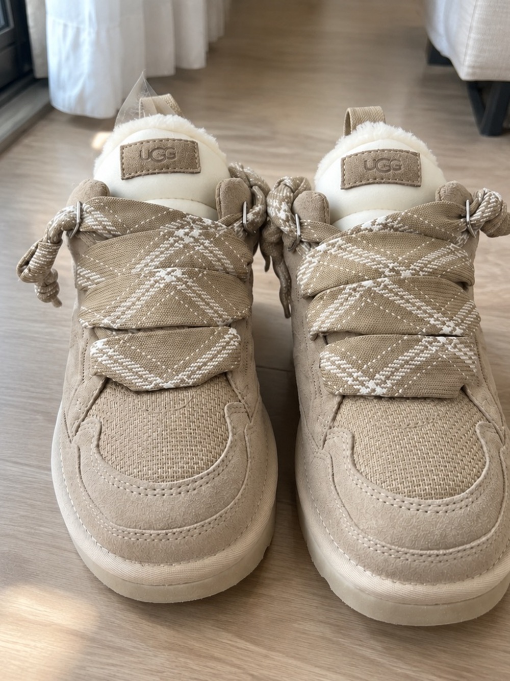 UGG Kids Tan & Cream Plaid-Lace Sneakers